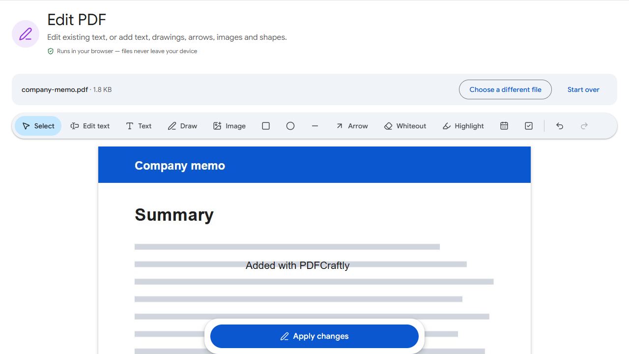 The Edit PDF tool in PDFCraftly with sample files added