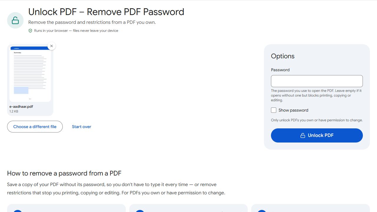 The Unlock PDF tool in PDFCraftly with sample files added