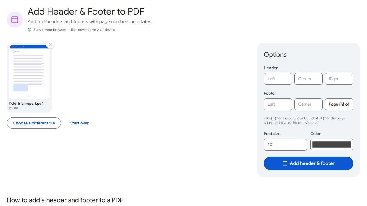 The Header & Footer tool in PDFCraftly with sample files added