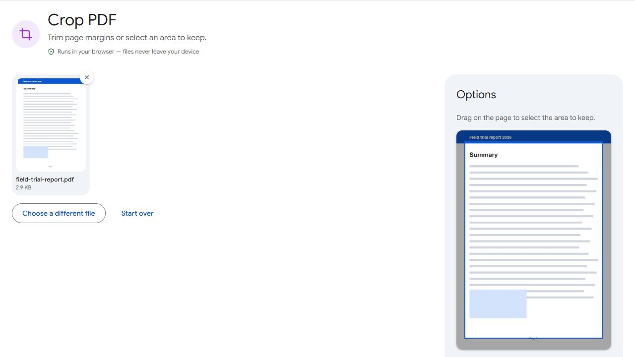 The Crop PDF tool in PDFCraftly with sample files added