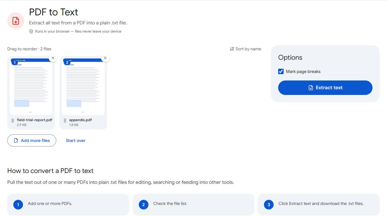 The PDF to Text tool in PDFCraftly with sample files added
