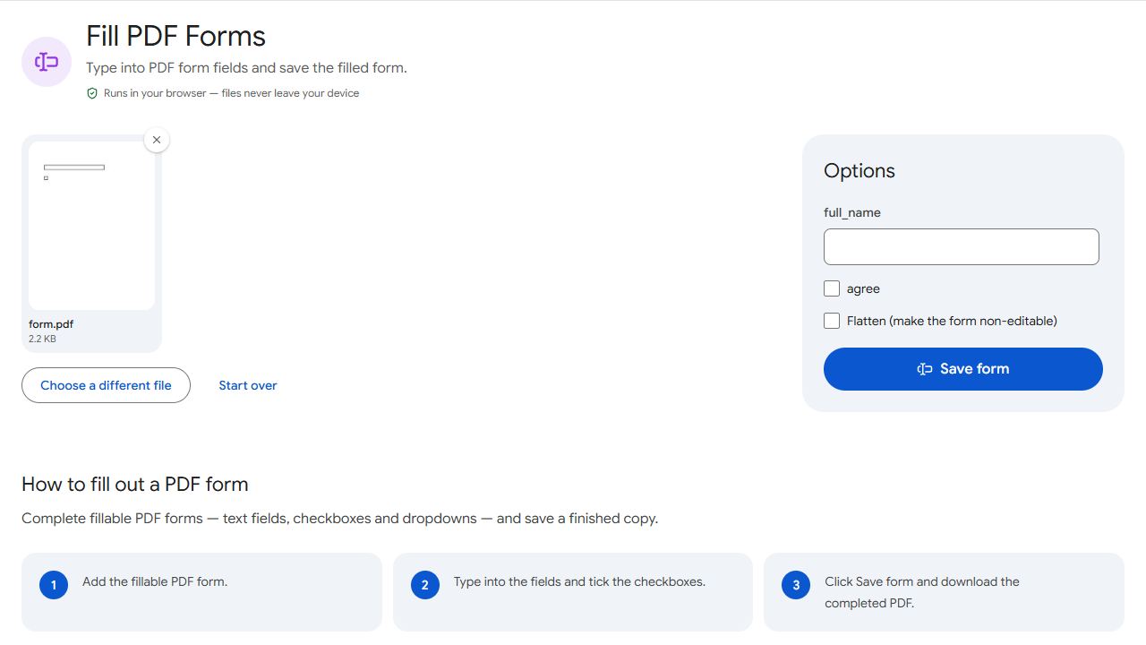 The Fill PDF Forms tool in PDFCraftly with sample files added