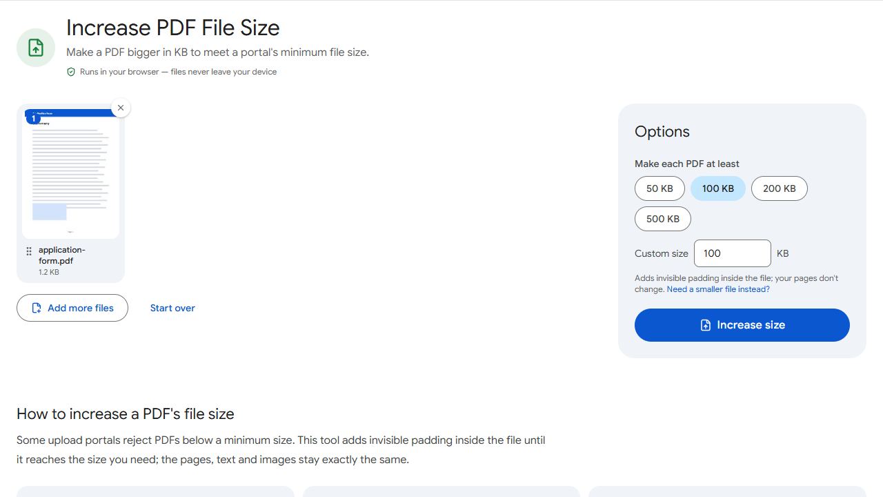 The Increase PDF Size tool in PDFCraftly with sample files added