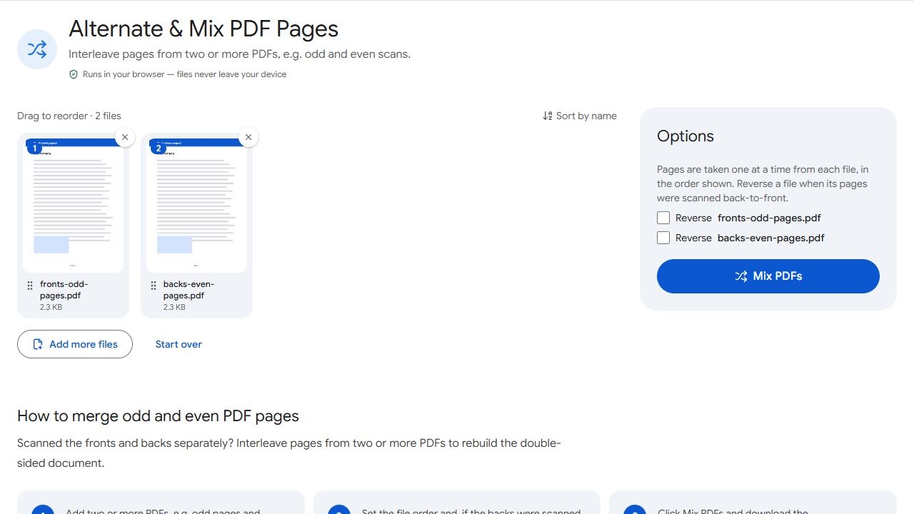 The Alternate & Mix tool in PDFCraftly with sample files added