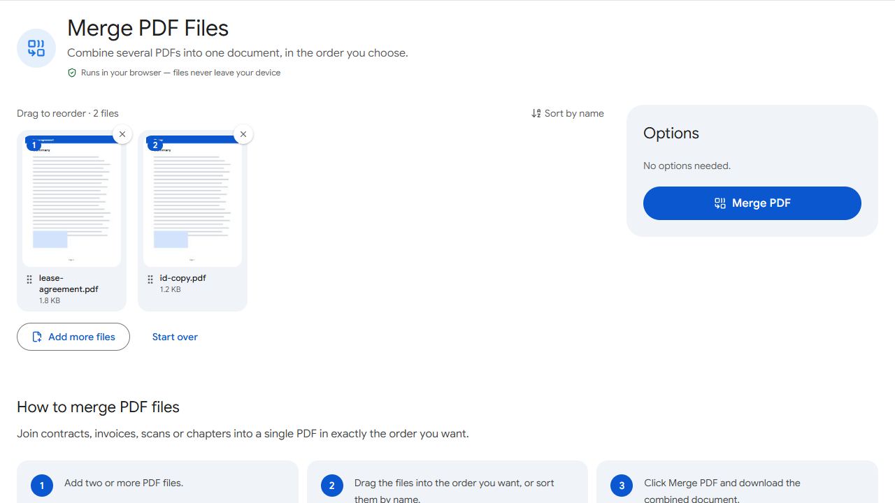 The Merge PDF tool in PDFCraftly with sample files added