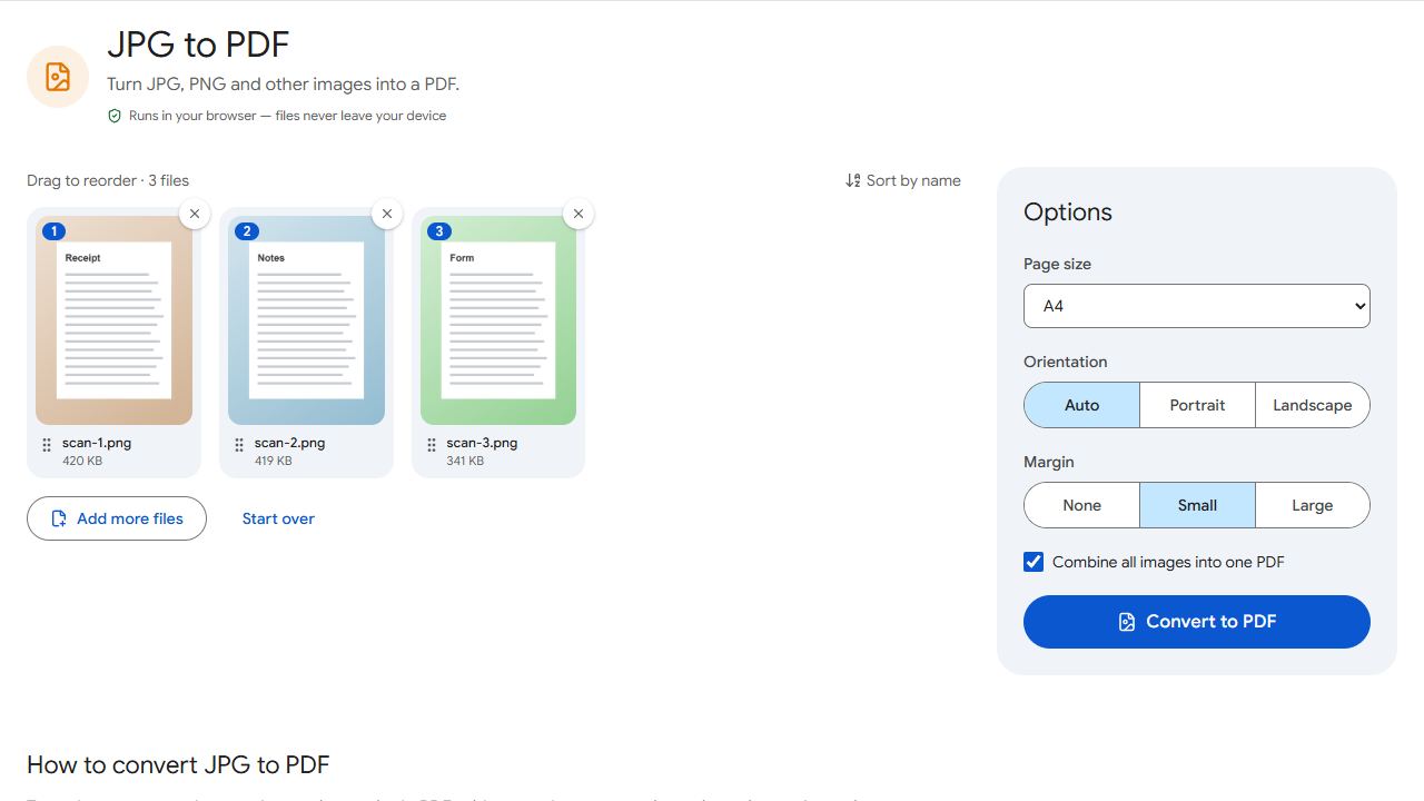 The JPG to PDF tool in PDFCraftly with sample files added