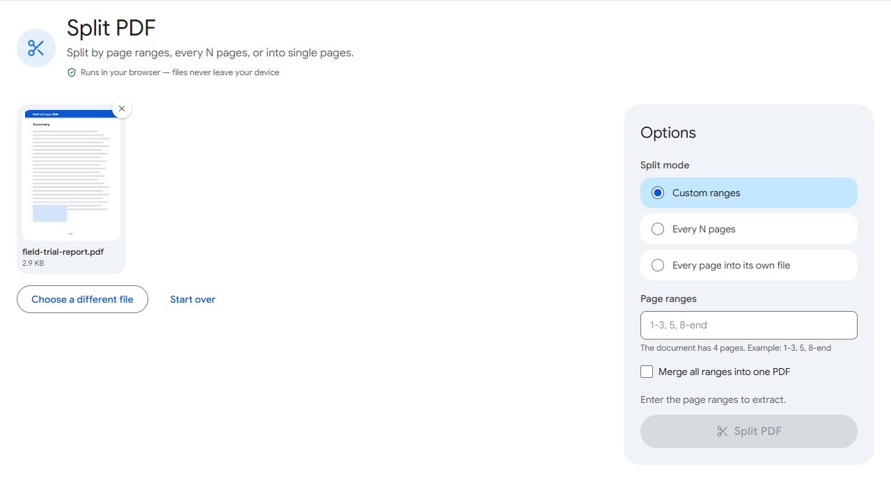 The Split PDF tool in PDFCraftly with sample files added