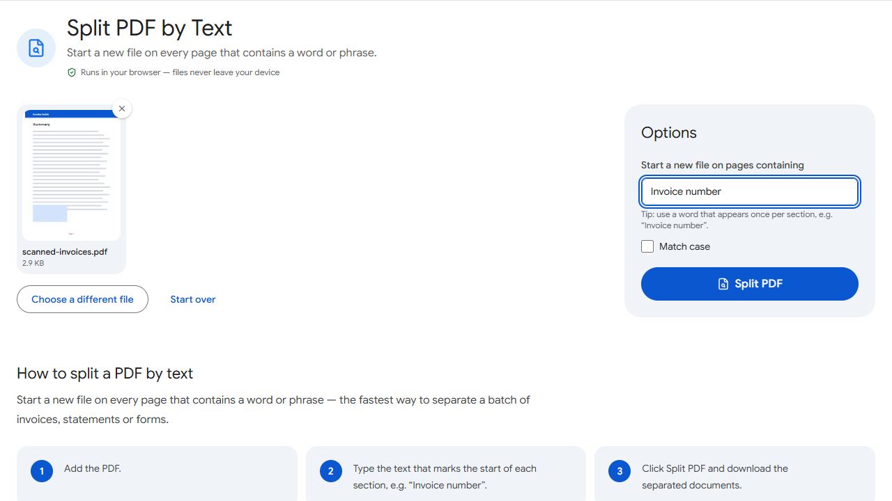 The Split by Text tool in PDFCraftly with sample files added
