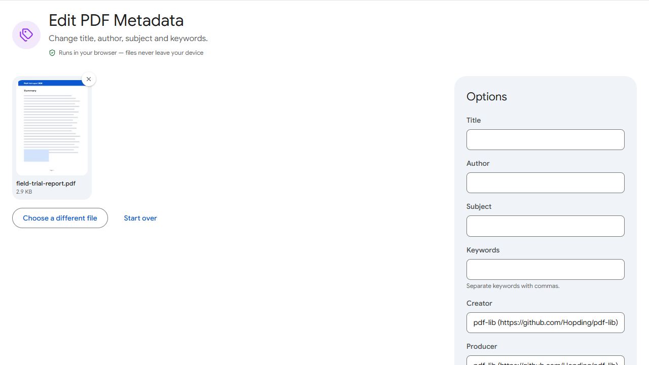 The Edit Metadata tool in PDFCraftly with sample files added